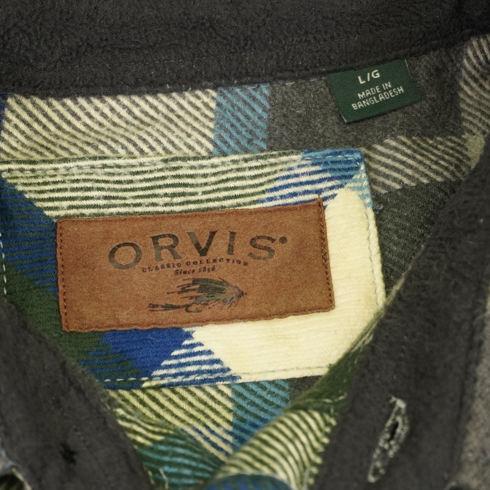 Orvis Heavy Flannel Button Down Shirt Mens Large Green Blue Plaid Pockets - Picture 4 of 11